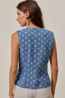 SO ME Polka Dot Denim Scallop Edge Button Down Vest Top