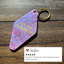 Hex the Patriarchy Feminist Motel Style Key Tag Keychain in Purple Galaxy Glitter