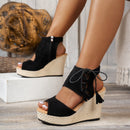 Women's Tassel High Heel Peep Toe Platform Muffin Wedge Sandals