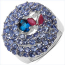 3.31 Carat Genuine London Blue Topaz , Ruby & Tanzanite .925 Sterling Silver Ring