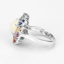 3.92 Carat Genuine Ethiopian Opal, Multi Sapphire and White Diamond .925 Sterling Silver Ring