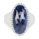 9.83 Carat Genuine Blue Sapphire and White Diamond .925 Sterling Silver Ring