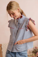 SO ME Stripe Twill Stitch Ruffled Hidden Button Vest Top