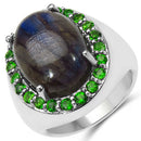 11.90 Carat Genuine Labradorite & Chrome Diopside .925 Sterling Silver Ring