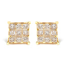 14K Yellow Gold 1 1/2 Cttw Invisible Set Princess-Cut Diamond 9 Stone Square Stud Earrings (J-K Color, SI2-I1 Clarity)