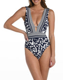 La Blanca Tides Plunge One-Piece Swimsuit in Indigo, Size 14