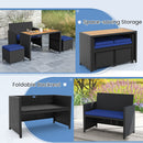 4 Piece Outdoor Dining Set with Wood Topped Dining Table Rattan Loveseat Chair and 2 Ottomans-Navy