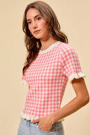 SO ME Gingham Knit Ruffled Short Sleeves Sweater Top
