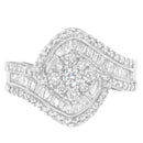 14K White Gold 1 Cttw Baguette and Round Diamond Floral Swirl Cluster Cocktail Ring