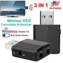 3 IN 1 Wireless V5.0 USB Audio Transmitter Receiver EDR Adapter Music Streaming For TV PC Headphones Car w/ 3.5mm Cable