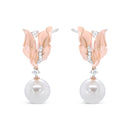 14K Rose Gold 1/6 Cttw Round Diamond and 8mm Round Pearl Floral Drop Stud Earrings (H-I Color, I1-I2 Clarity)