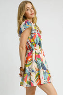 Umgee Printed Tie Neck Ruffled Hem Dress
