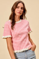 SO ME Gingham Knit Ruffled Short Sleeves Sweater Top