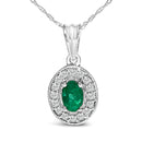 14K White Gold Oval 6x4 MM Green Emerald and Diamond Halo Pendant Necklace - 18 inch