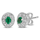 14K White Gold Oval Green Emerald and 1/10 Cttw Diamond Halo Stud Earrings (I-J Color, I1-I2 Clarity)