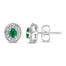 14K White Gold Oval Green Emerald and 1/10 Cttw Diamond Halo Stud Earrings (I-J Color, I1-I2 Clarity)