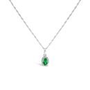 10K White Gold 5x3mm Green Emerald and Diamond Accent Halo Oval Shape 18" Pendant Necklace (I-J Color, I1-I2 Clarity)