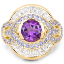 14K Yellow Gold Plated 3.93 Carat Genuine Amethyst, Tanzanite and White Topaz .925 Sterling Silver Ring