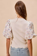 SO ME Floral Cotton Contrast Sleeves Scallop Sweater Top