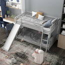 Twin over Twin Bunk Wooden Low Bed with Slide Ladder for Kids