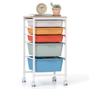 5-Drawer Rolling Storage Cart Mobile Utility Organizer with Wooden Tabletop and Lockable Wheels-White