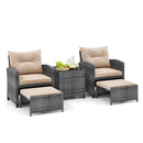 5 Piece Patio Rattan Furniture with 2 Ottomans and Tempered Glass Coffee Table