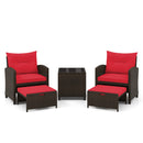 5 Pieces Patio Rattan Furniture with 2 Ottomans and Tempered Glass Coffee Table-Red