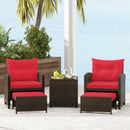 5 Pieces Patio Rattan Furniture with 2 Ottomans and Tempered Glass Coffee Table-Red