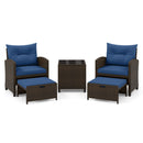 5 Pieces Patio Rattan Furniture with 2 Ottomans and Tempered Glass Coffee Table-Red