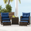 5 Pieces Patio Rattan Furniture with 2 Ottomans and Tempered Glass Coffee Table-Red