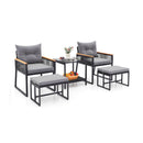 5 Piece Outdoor Rattan Conversation Set with 2-Layer Side Table and 2 Ottomans-Gray