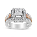 14K White and Rose Gold 1 1/8 Cttw Princess and Round-Cut Diamond Art Deco Style Triple Shank Halo Cocktail Ring (I-J Color, SI2-I1 Clarity) - Size 7