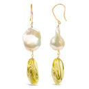 14K Yellow Gold Citrine and Baroque Pearl Drop and Dangle Earrings 1 3/4 Inch Dangle