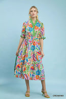 Umgee Mix Floral Midi Dress with Ruffle Trim