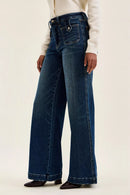 Judy Blue High Waist "lux" Retro Wide Jeans with Front Patch Tab Closure Dk Fade Indigo