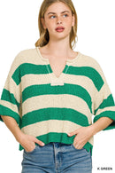 Zenana Split Neck Stripe Sweater