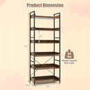 6-Tier Tall Industrial Bookcase with Open Shelves and 4 Hooks-Brown