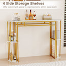 60 Inch Long Bar Table Narrow with Faux Marble Tabletop and Storage Shelves