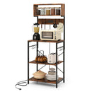 60 Inch Tall Microwave Stand with Open Shelves and 10 Hanging Hooks-Rustic Brown