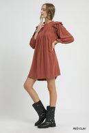 Umgee Linen Ruffle Shoulder Pleated Babydoll Dress