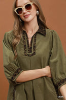 Umgee V-Neck Shift Dress with Contrast Trim