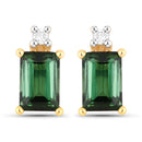 1.24 Carat Genuine Green Tourmaline and White Diamond 14K Yellow Gold Earrings