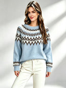 Womens Retro Fair-Isle Knit Crew-Neck Sweater