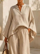 Full Size Notched Long Sleeve Top and Wide-Leg Pants Set Plus Size