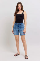 Judy Blue Full Size Mid Rise Bermudas Denim Shorts W/ Back Flap Pockets Plus Size