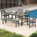 6 Pieces Patio Dining Bench Set Outdoor HDPE Weather Resistant Table and Chairs Set