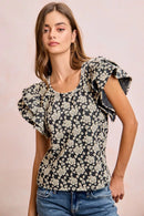 BiBi Floral Jacquard Ruffle Sleeves Knit Top
