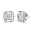 Sterling Silver 1 Cttw Princess Cut Diamond Square Halo Stud Earrings