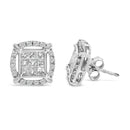 Sterling Silver 1 Cttw Princess Cut Diamond Square Halo Stud Earrings