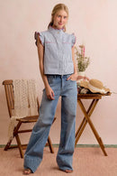 SO ME Stripe Twill Stitch Ruffled Hidden Button Vest Top